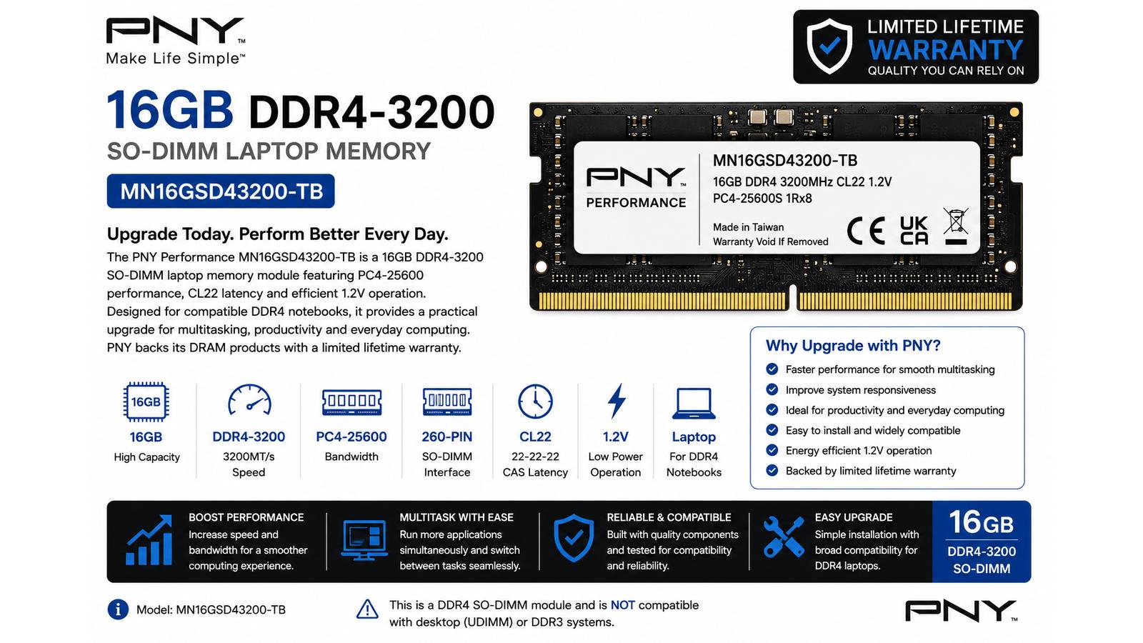 PNY Performance MN16GSD43200-TB, 16GB DDR4-3200 SO-DIMM Laptop RAM, PC4-25600, CL22, 1.2V, with Warranty | MN16GSD43200-TB